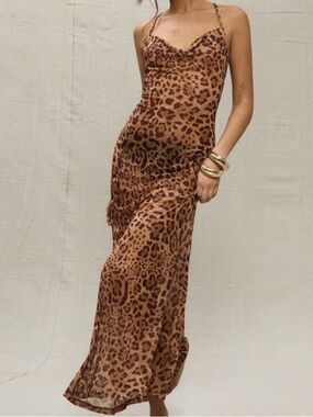 Leopard Print Slip Maxi Dress - Brown